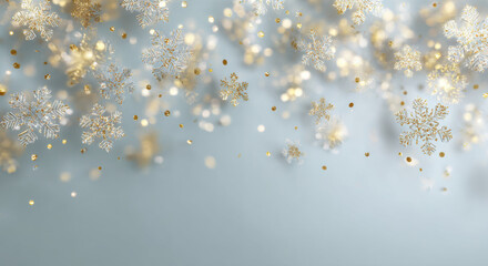 Delicate snowflakes and shimmering golden confetti gently fall against a soft blue background, creating a magical winter atmosphere perfect for festive celebrations and holiday designs