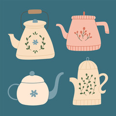 Vintage teapot set. Ceramic kitchen dishes with floral and cherries design. Cute kitchen decor. Vector flat illustration.