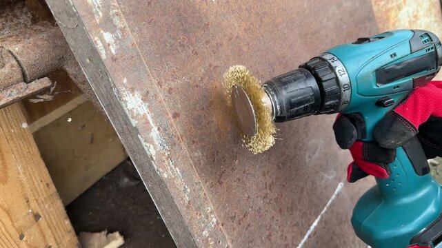 cordless drill with wire brush clean rust from metal door side angle