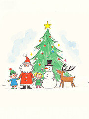 Naklejka premium doodle of santa claus,reindeer, snowman, children and chritmas tree