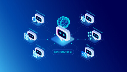 Agentic AI workflow diagram with multi agent system connected - research agent, planning, writing content, execution, coding, reasoning - isometric technology infographic vector