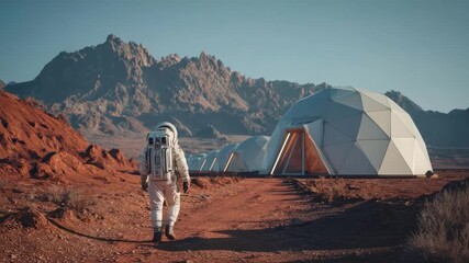 Astronaut in a spacesuit walks across a red desert toward dome-shaped tents with mountains in the background. - Powered by Adobe