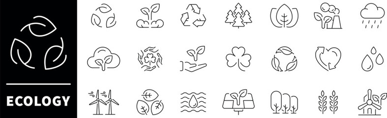 Ecology vector icons. Ecology thin line icons collection. Renewable energy, ecology, electricity, recycling, eco, environment, pollution, nature, eco friendly related icons