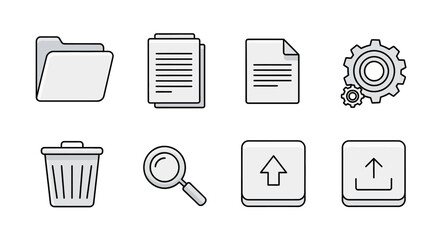 Vector icon set for office documents and system tools. Includes folder, files, settings gear, trash bin, magnifying glass, and upload symbols. Ideal for modern UI design