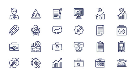 A versatile set of thin line icons representing business management, financial analysis, and corporate strategy concepts for digital projects
