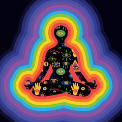 Human subtle bodies. Silhouette  of girl sits in the lotus position and meditates eye pattern