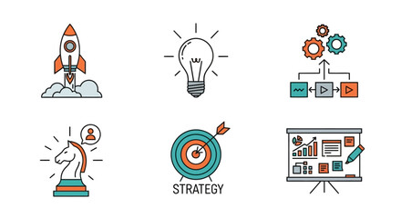 Collection of Flat Icons Representing Business Concepts, Startup, Strategy, and Innovation for Digital Presentations