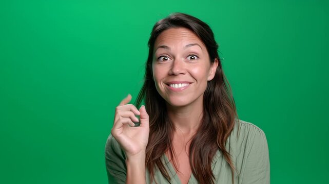 Young Woman Expressing Surprise and Excitement on Green Screen Background