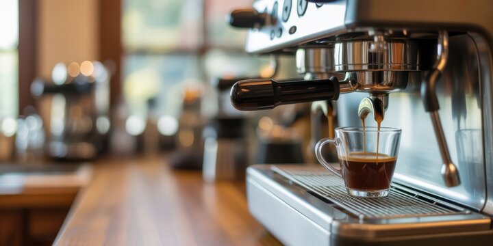Coffee Machine Perfection: A close-up shot of an espresso machine dispensing freshly brewed coffee into a transparent cup on a wooden counter, hinting at a moment of flavorful indulgence.