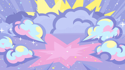 アメコミ風のポップな衝撃の煙の背景イラスト_紫_16:9