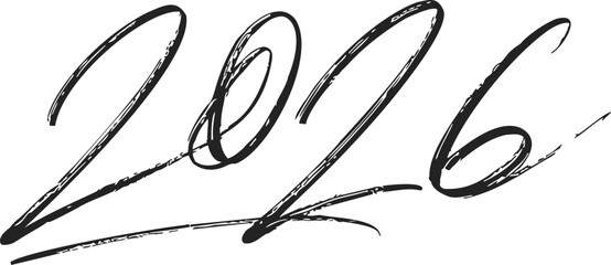 2026 hand drawn sketch, bold expressive calligraphy numbers with artistic brush strokes. Vector illustration