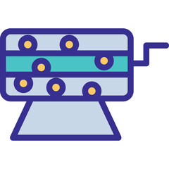 Abstract illustration of a lottery machine with yellow balls inside a blue and teal colored machine on a gray base with a crank handle on the right side clean vector graphic with no background