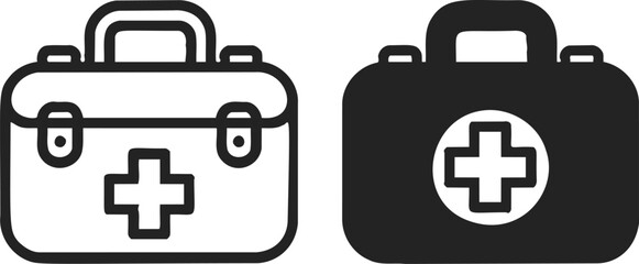 Obraz premium First aid kit sketch hand drawn icons with cross symbol, black and white style. Vector illustration
