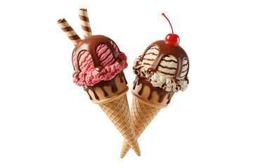 Colorful double ice cream cones with waffle sticks and cherry topping