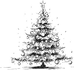 Obraz premium Christmas tree sketch hand drawn with ornaments and star, festive holiday scene. Vector illustration