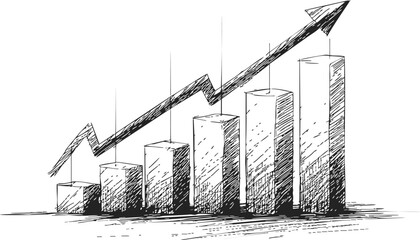 Bar chart sketch with upward arrow, hand drawn style, representing growth or success. Vector illustration