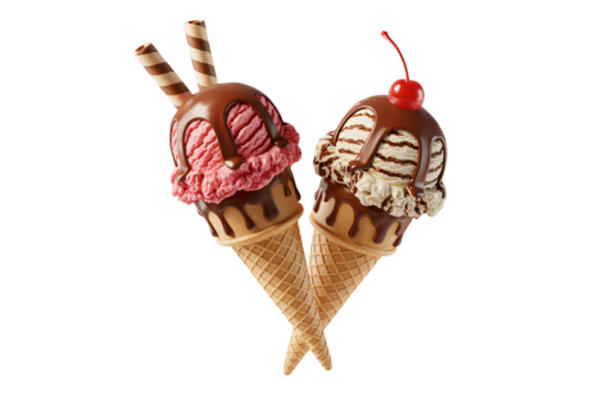 Colorful double ice cream cones with waffle sticks and cherry topping