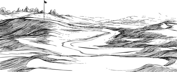 Golf course landscape sketch, hand drawn rolling fairways, sand bunkers, distant flag, natural terrain. Vector illustration