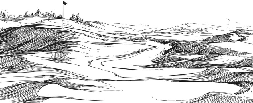 Golf course landscape sketch, hand drawn rolling fairways, sand bunkers, distant flag, natural terrain. Vector illustration - Powered by Adobe