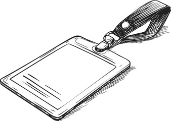 ID badge hand drawn sketch with lanyard, blank identification card holder. Vector illustration