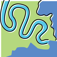 Abstract Topographic Map Featuring a Winding Blue River Through Green Land Against a Blue Water Body with Black Outline and White Highlights Simple Vector Illustration