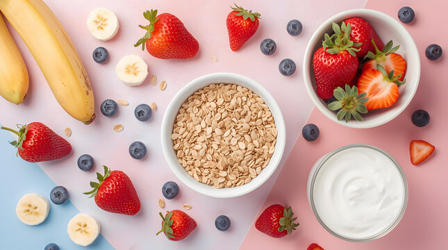 Vibrant Healthy Breakfast Bowl Flat Lay: Fresh Berries, Banana, Oats & Yogurt on Pastel Pink and Blue Gradient Background