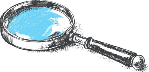 Magnifying glass sketch hand drawn with blue reflection isolated on white. Vector illustration