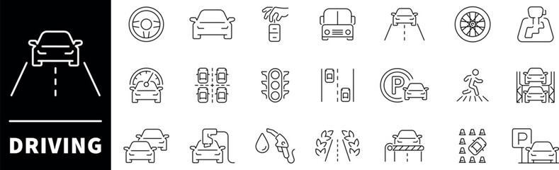 Car driving vector icons. Driving icon set. Street, highway, traffic light, signpost, directions, parking, route, GPS, drive, crosswalk, driving related icons. Driving concept outline icon set © Jocelyn_Flores