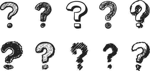 Question mark sketch hand drawn set, various grunge and doodle styles. Vector illustration