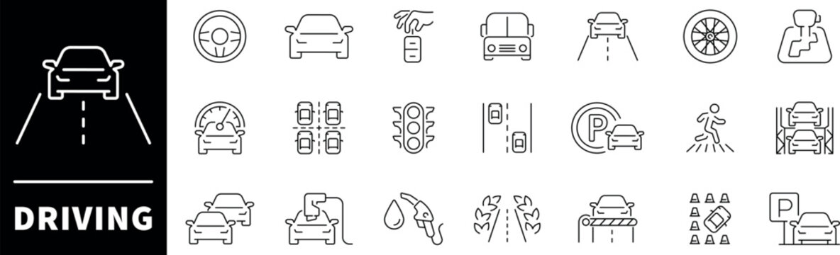 Car driving vector icons. Driving icon set. Street, highway, traffic light, signpost, directions, parking, route, GPS, drive, crosswalk, driving related icons. Driving concept outline icon set