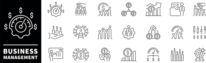 Fototapeta premium Business management line icons set. Business management thin outline icons pack. Management icon collection. Business related icons
