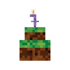 7th birthday chocolate cake with a purple candle and a white background in pixel art style