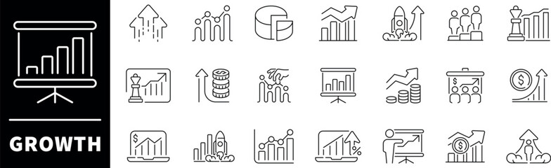 Growth vector icons. Growth icon set in line style. Development, increase, growth, bar graph, improvement, stock market, profit, launch, growing graph icons