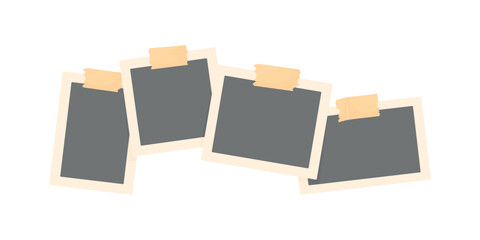 Four photographs are taped to the wall against a white background. A group of blank photographs.