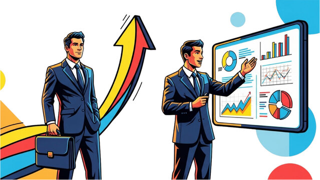 Business Leadership Illustration – Entrepreneur with Briefcase and Rising Arrow, Founder Presenting Pitch Deck – Colorful Modern Outline Art