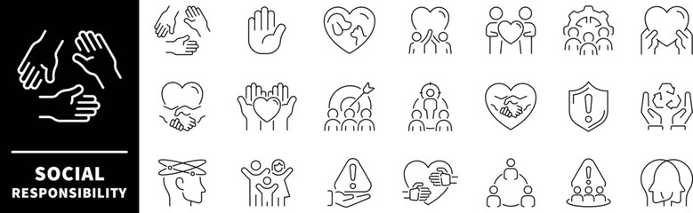 Set of thin line icons related to corporate social responsibility. Core values, impact, trust, support, care, social response