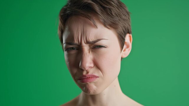 Frustrated Young Woman Scrunching Nose in Disgust Making Unhappy Face Isolated on Green Screen Background