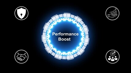 Performance Boost ,with digital icons representing online business, shopping, and customer engagement, Unrecognizable woman in ashen white on a black background with future holographic technology