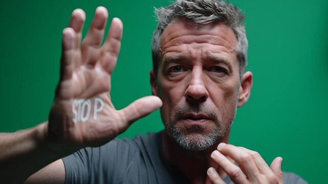 Man With STOP Written on Hand Against Green Screen Powerful Message of Resistance and Control
