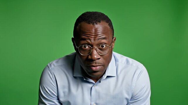 Man with Glasses and Expressive Eyes against a Green Screen Background