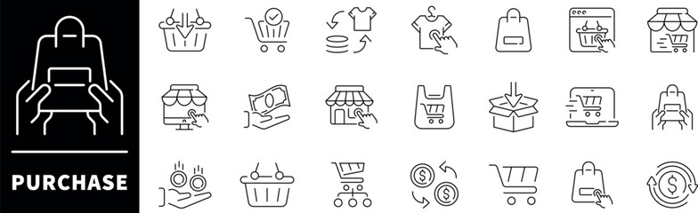 Purchase vector icons. Set of thin lone icons related to purchase and shopping. Online shopping, store, delivery, shopping cart, buy, order, purchase icons