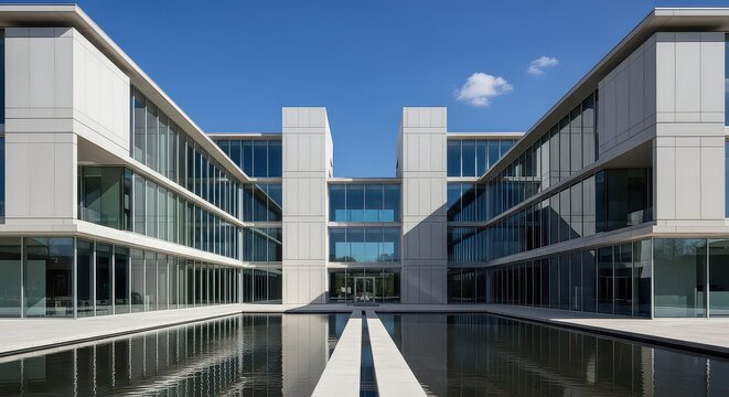 Modern corporate campus with tranquil reflecting pool under a clear blue sky creates a stunning architectural statement perfect for business or real estate - Powered by Adobe