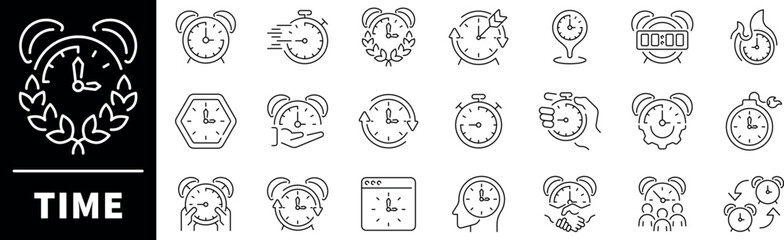 Time vector icons. Set of thin line icons related to time. Timer, alarm, stopwatch, hourglass, time icons