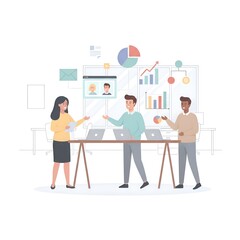 Fototapeta premium Business team working on data analysis and charts during an online video conference illustration