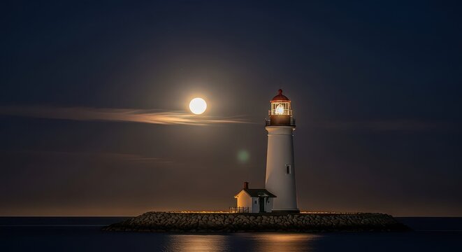 Stunning moonlight illuminates a solitary lighthouse beacon in the dark night sky, guiding ships through calm waters with its radiant light at night