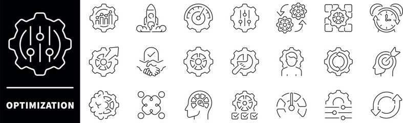 Optimization vector icons. Set of thin line icons related to optimization. Process, automation, productivity, performance, process, management, optimization icons