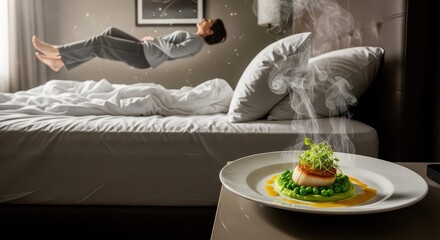 Dreamy dining experience with levitating person and gourmet meal, a surreal moment of culinary pleasure and peaceful relaxation in a luxurious setting