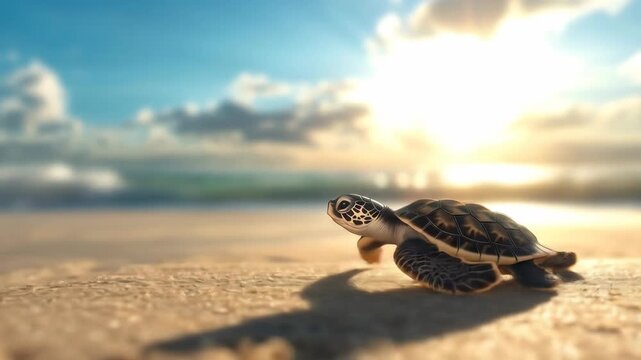 Baby turtle crawling on sandy beach towards ocean at sunset