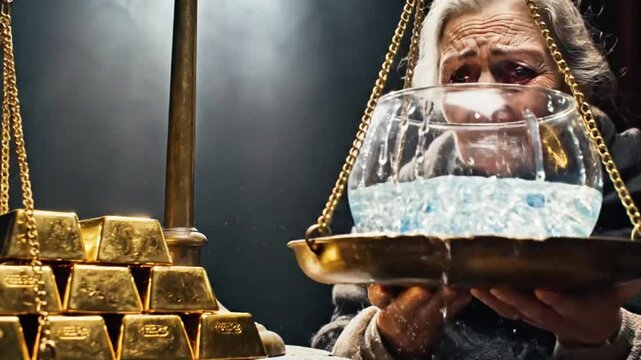 A scale of justice, but one side is filled with gold bars and the other with human tears.