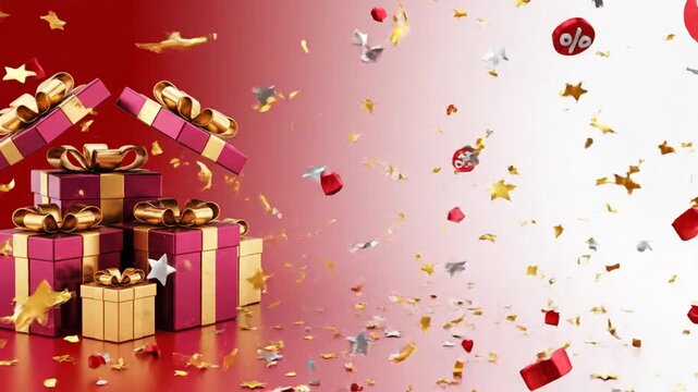 Boxing Day discount theme, gift boxes with ribbons exploding confetti in slow motion, floating percentage discount icons